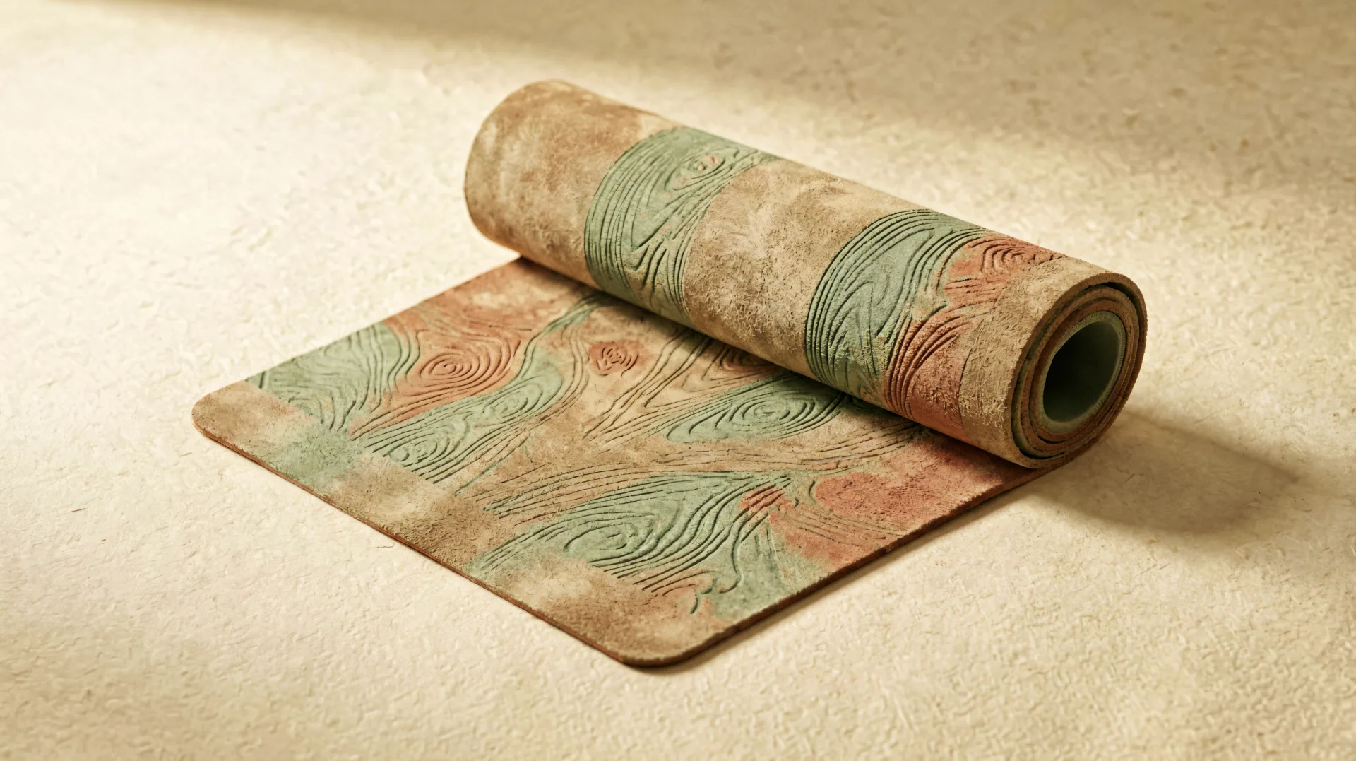 Premium yoga mat unrolled on a warm-toned paper backdrop, showcasing a suede microfiber texture with hand-block-printed patterns in sage green and terracotta