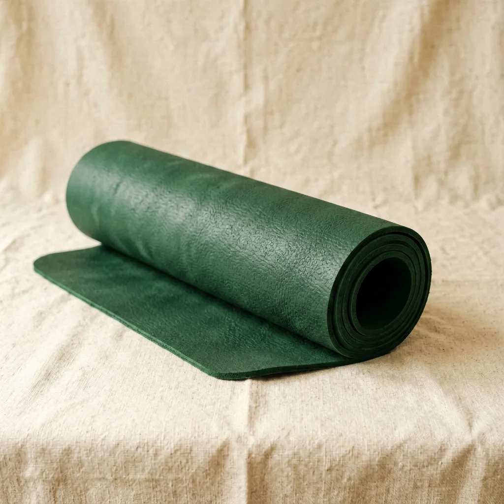 Natural rubber yoga mat rolled on a linen cloth