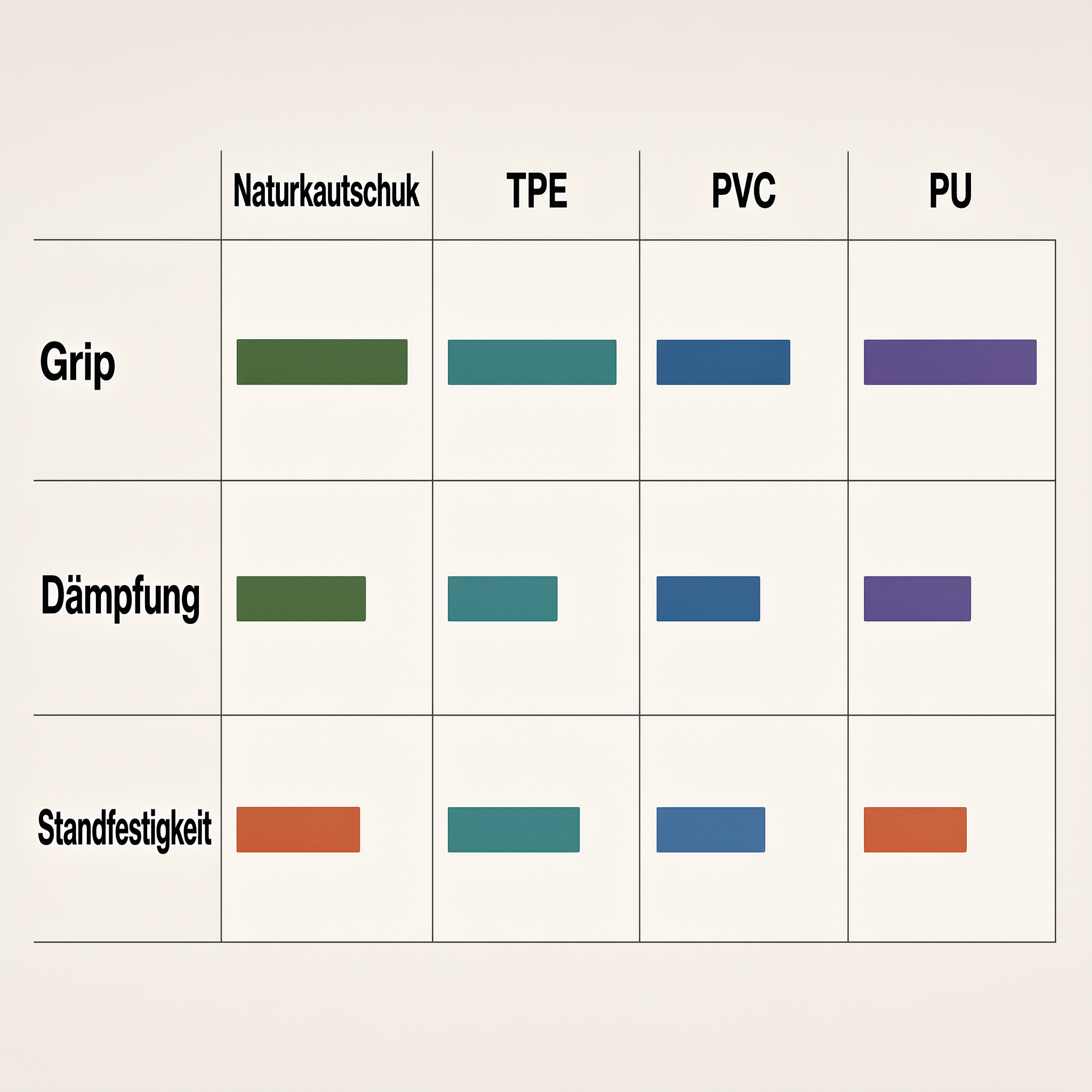 Yogamatte Performance Matrix: Grip, Dämmung und Standfestigkeit verschiedener Studio-Yogamatten im Vergleich