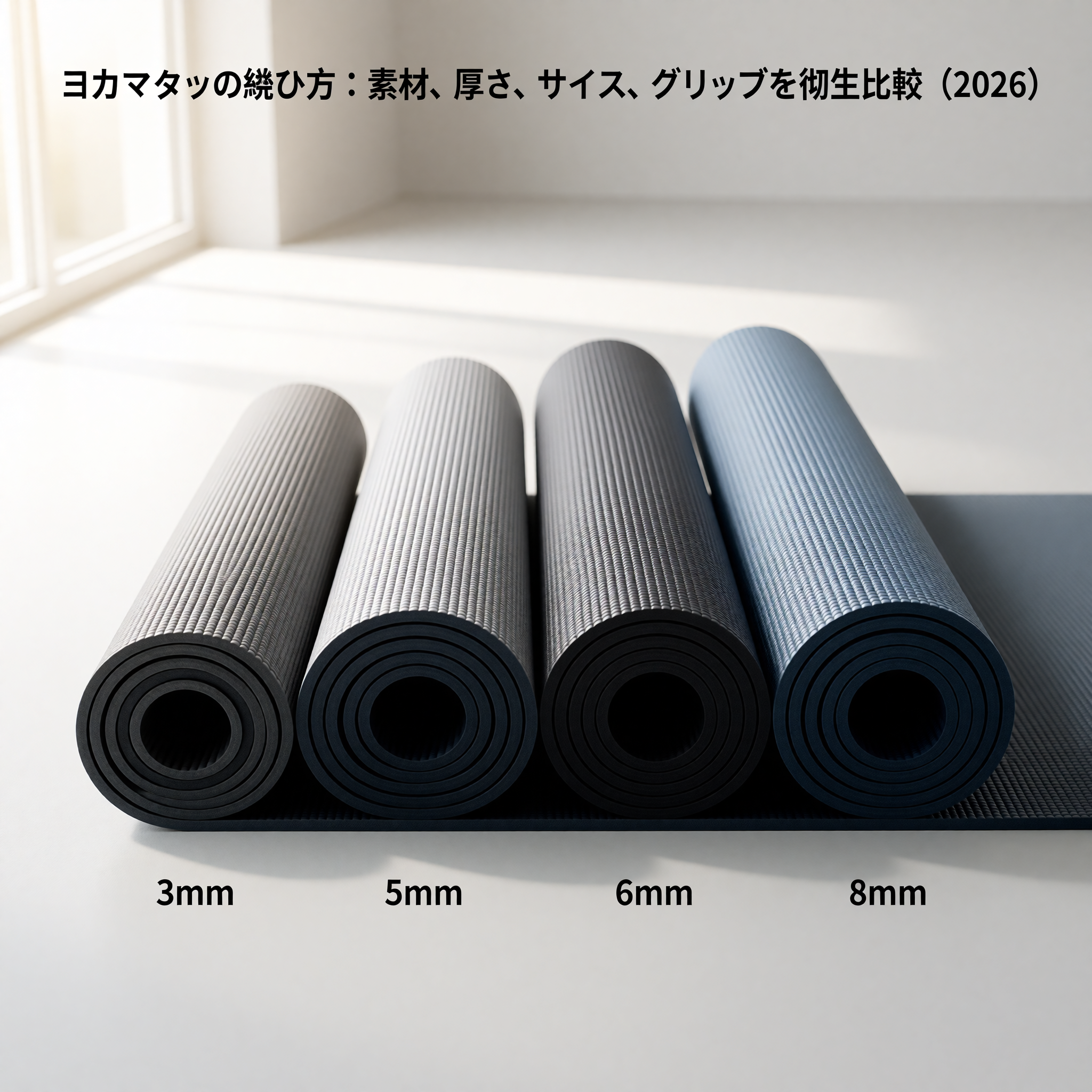 Yogamatten-Dickenvergleich: Querschnitt von 3 mm, 5 mm, 6 mm und 8 mm