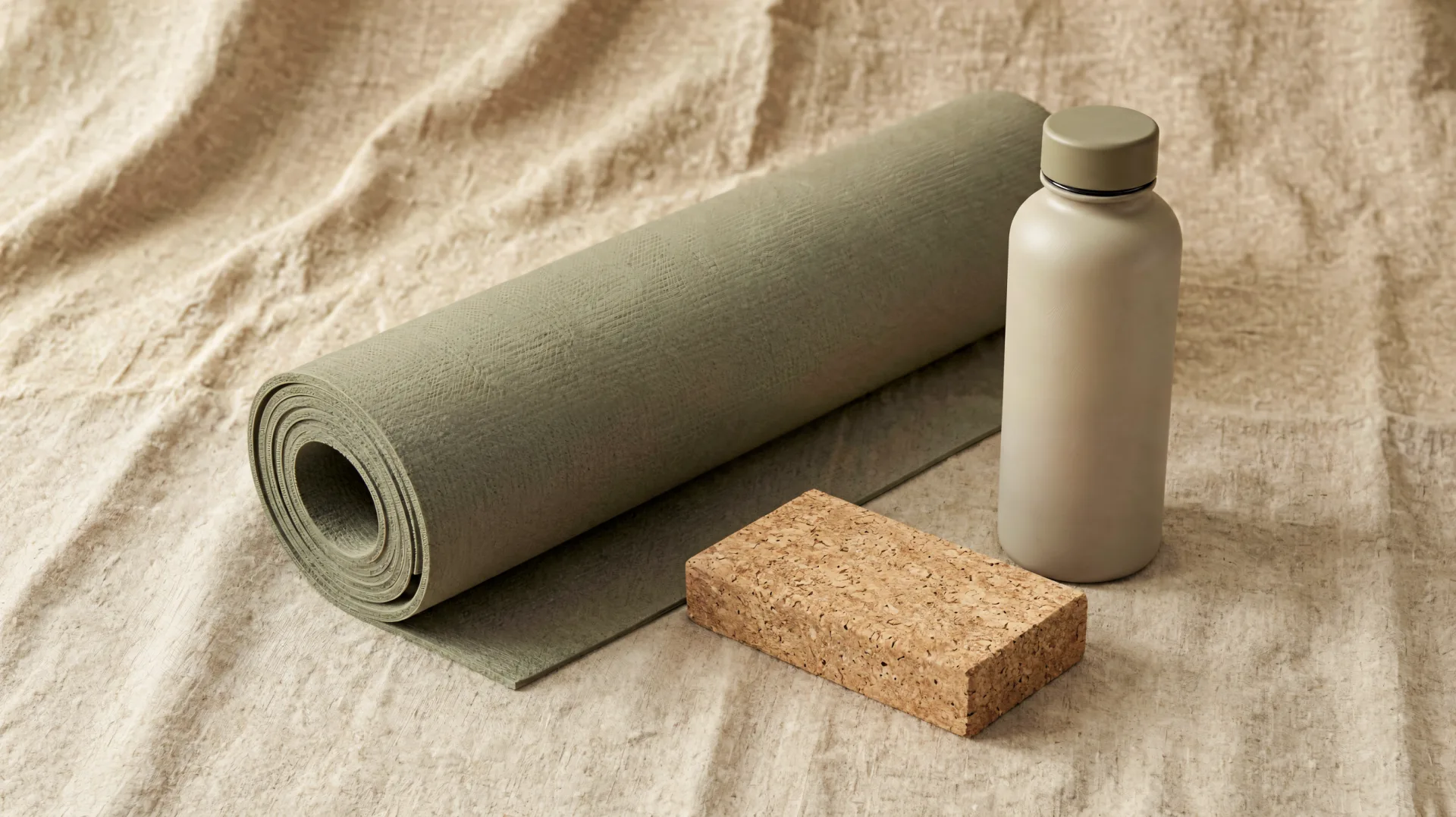 Yoga mat and accessories rolled up on a linen surface
